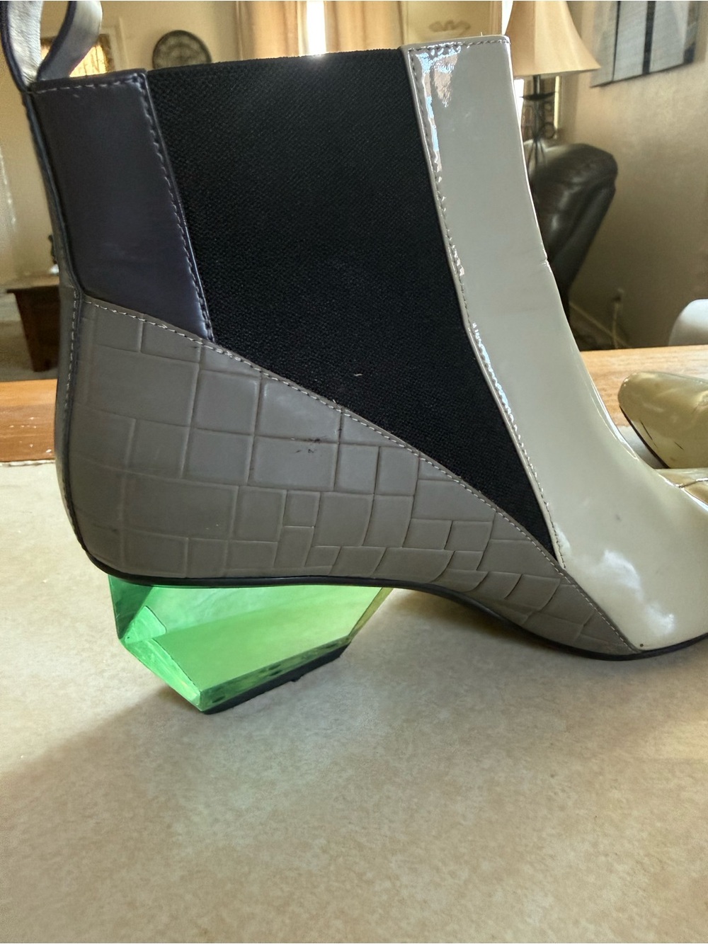 United Nude Contrast Patent & Croc-Trim Ankle Boot with Green Faceted Heel